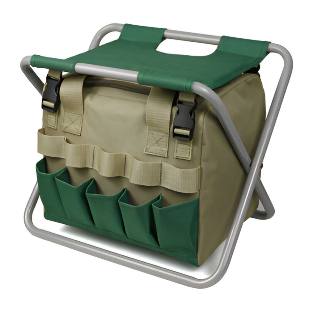 Sechsteiliges Gartenwerkzeug-Set mit klappbarem Hocker und Tragetasche