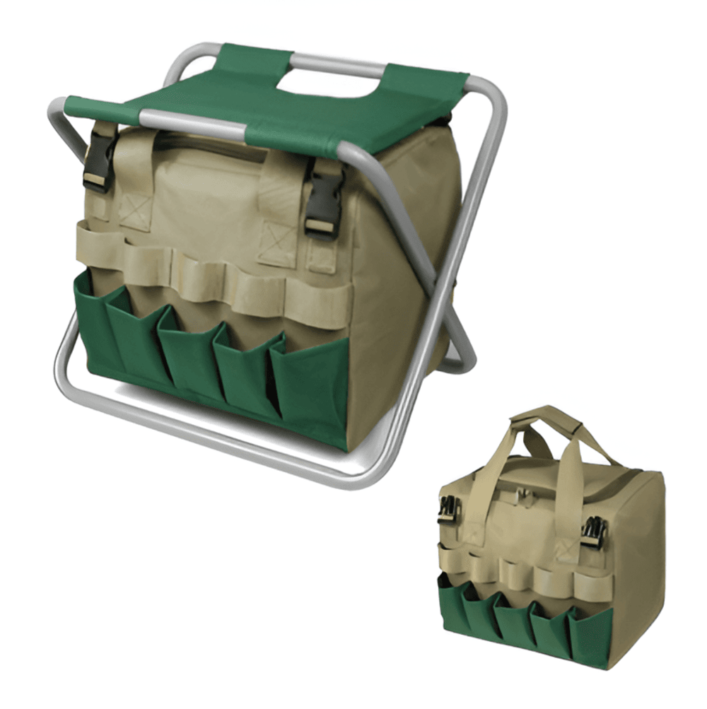 Sechsteiliges Gartenwerkzeug-Set mit klappbarem Hocker und Tragetasche