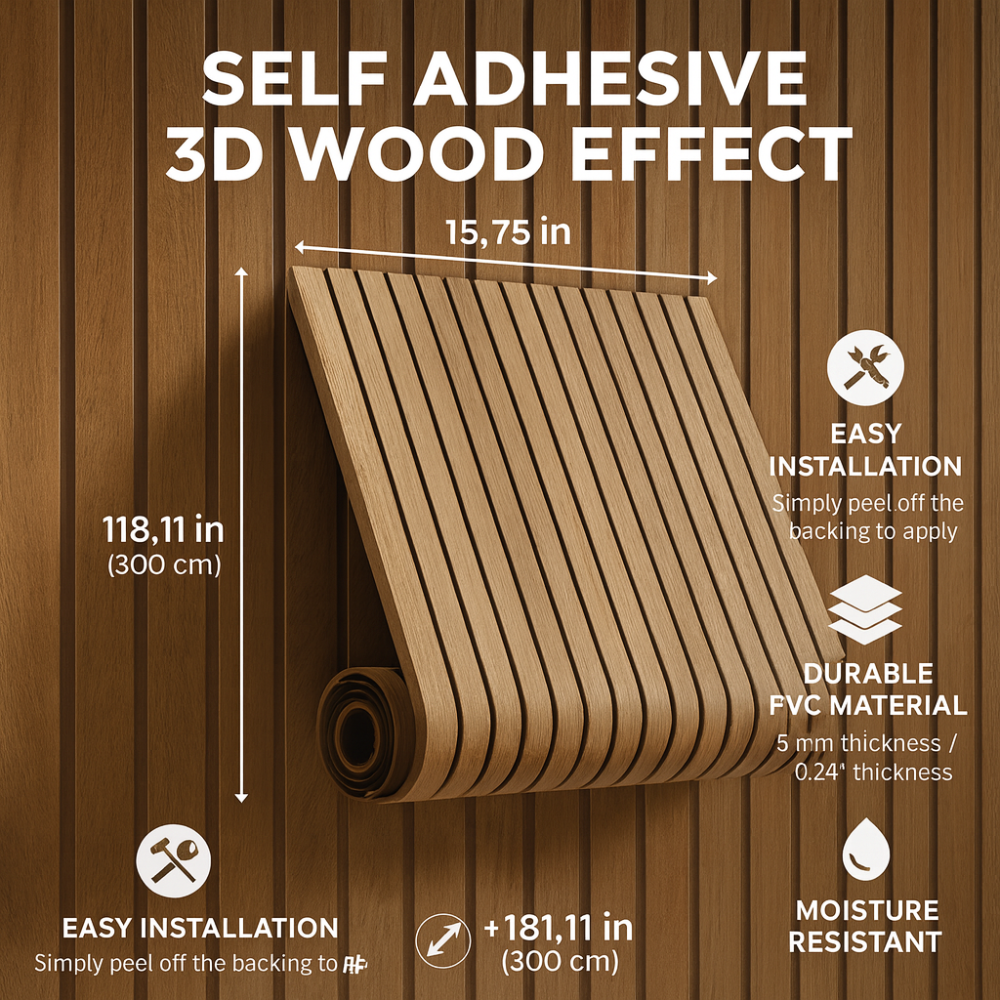 Selbstklebende Wandpaneele in 3D-Holzoptik als Rolle aus PVC für die Wohnraumdekoration