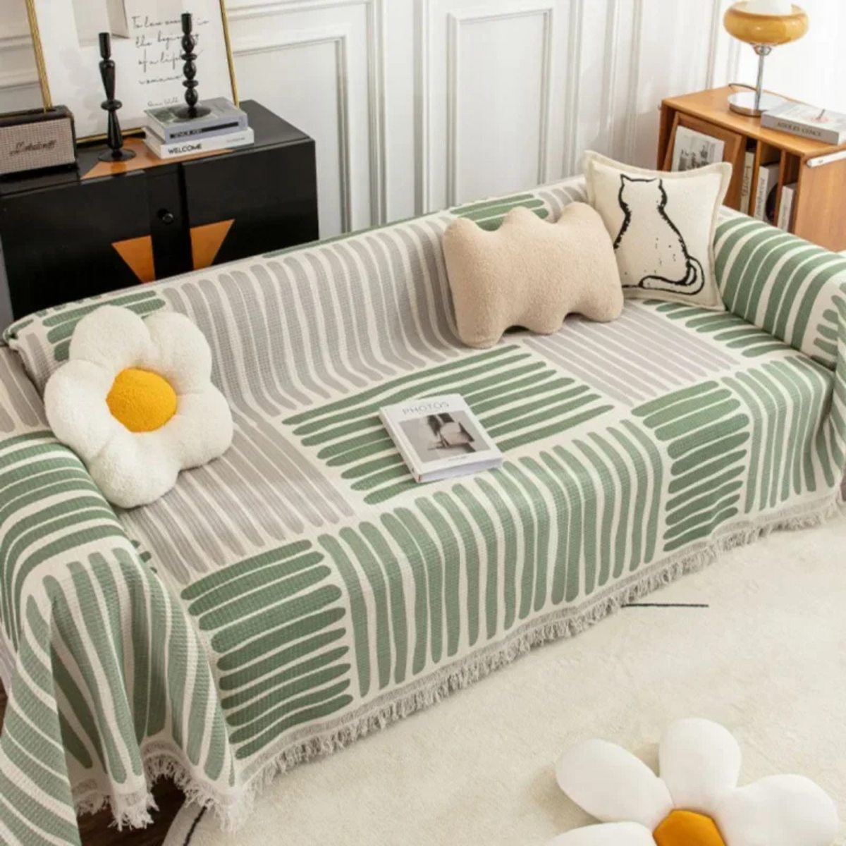 Skandinavische Sofa-Überwurfdecke mit Fransenrand