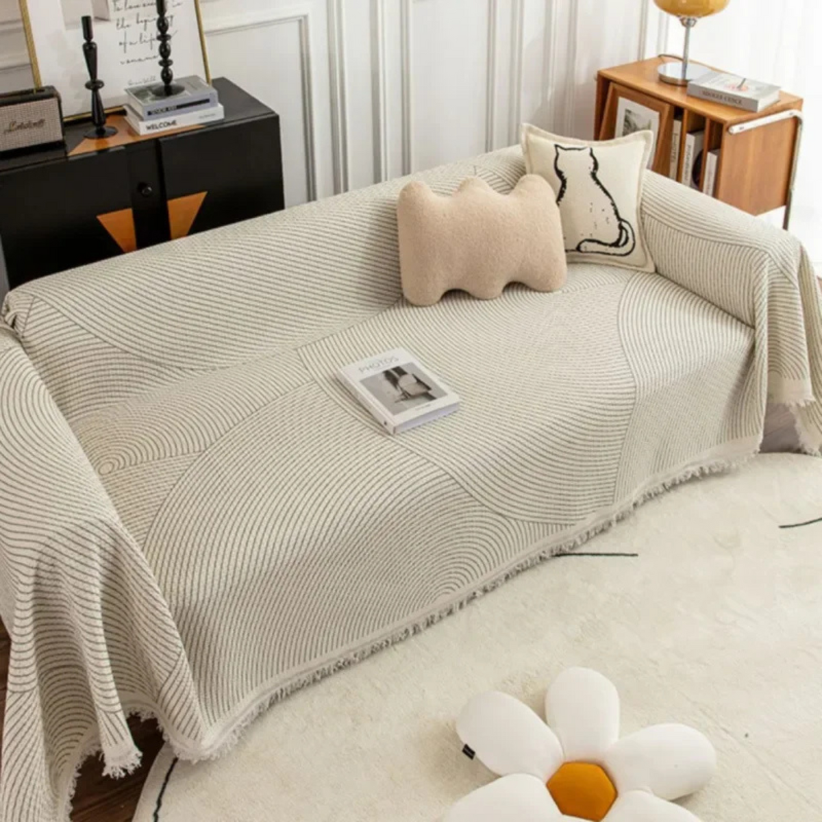 Skandinavische Sofa-Überwurfdecke mit Fransenrand