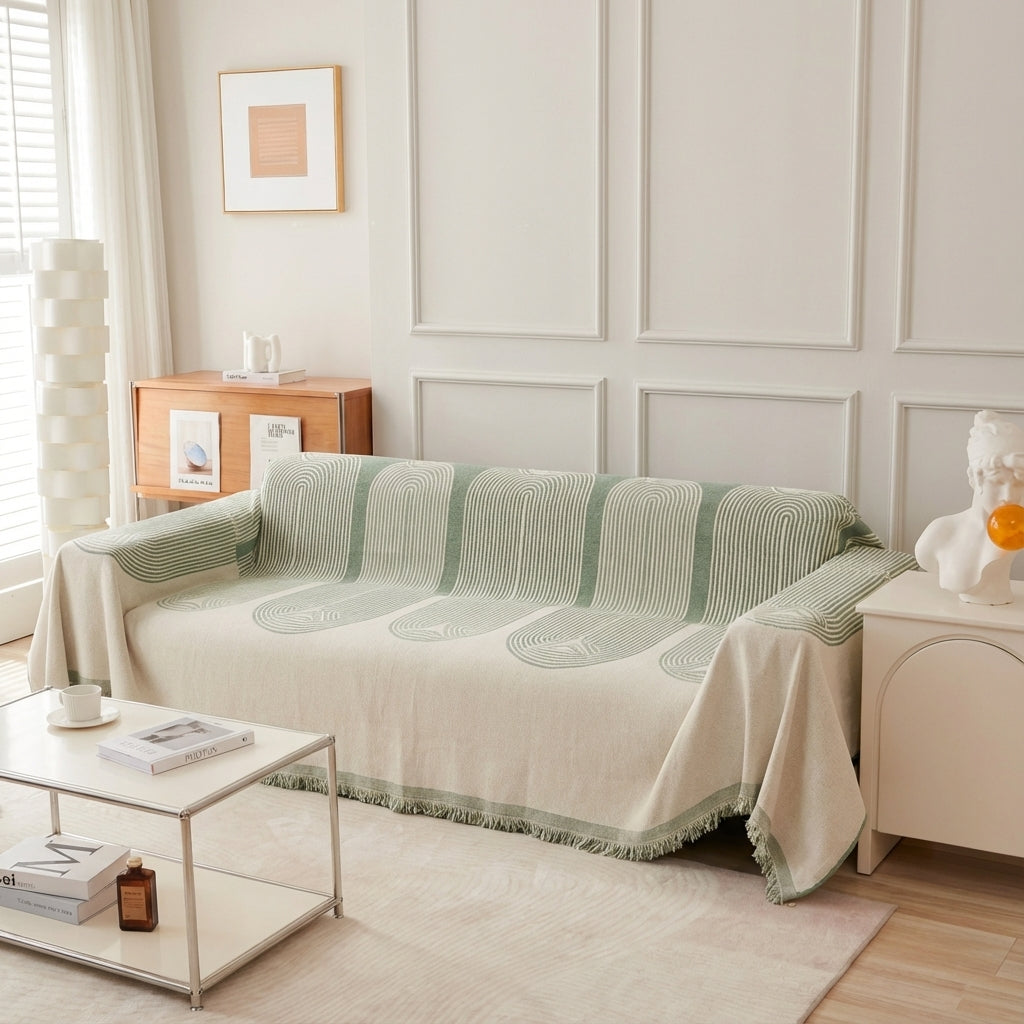 Sofaüberwurf mit geometrischem Muster und Fransen