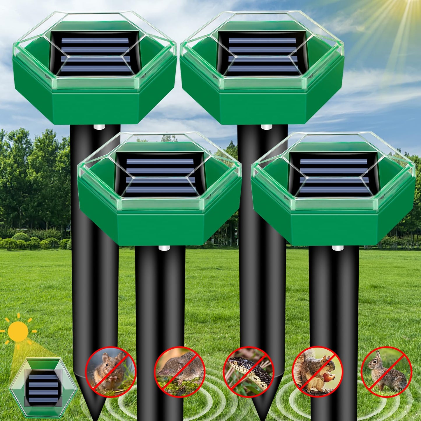 Solar-Ultraschall-Maulwurfschreck im 4er-Set, je 465 m² Reichweite, wasserdicht nach IP65