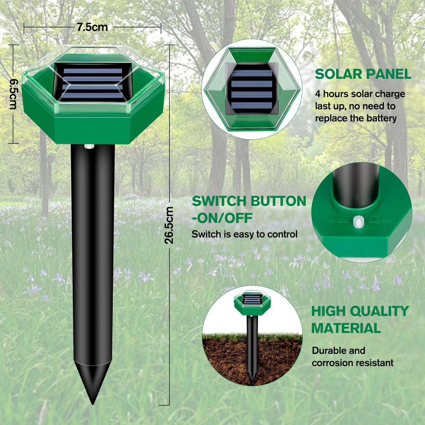 Solar-Ultraschall-Maulwurfschreck im 4er-Set, je 465 m² Reichweite, wasserdicht nach IP65