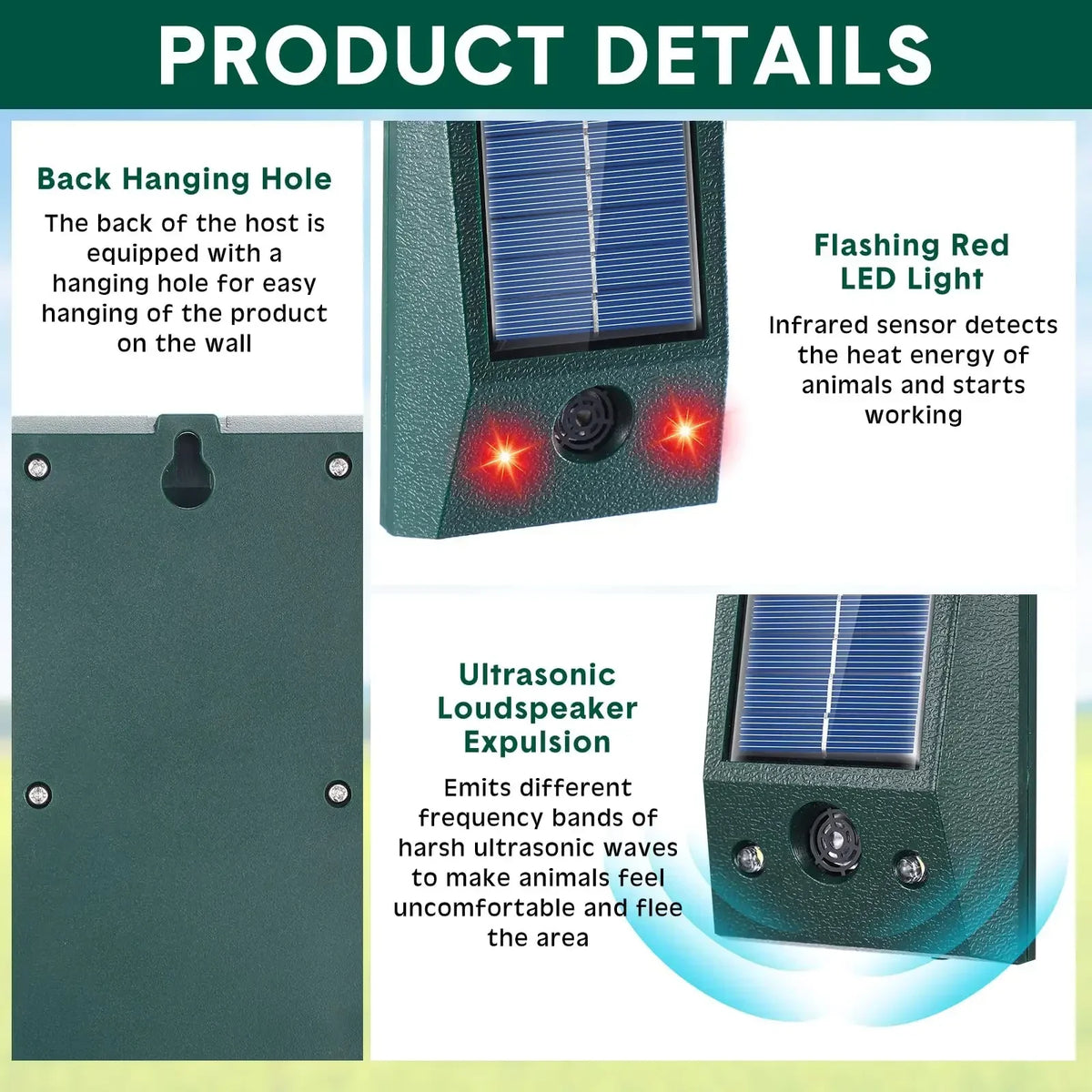 Solar-Ultraschall-Vogelabwehr | Mit LED und Bewegungssensor | Wasserdicht IP58 | 600 m² Abdeckung
