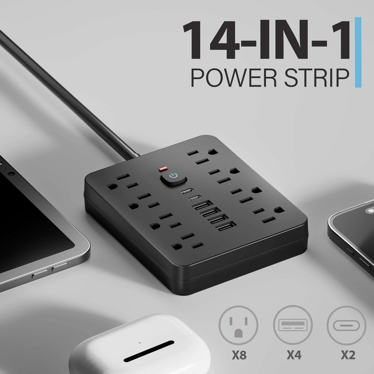 Steckdosenleiste mit Überspannungsschutz – 8 AC-Steckdosen & 4 USB-Anschlüsse