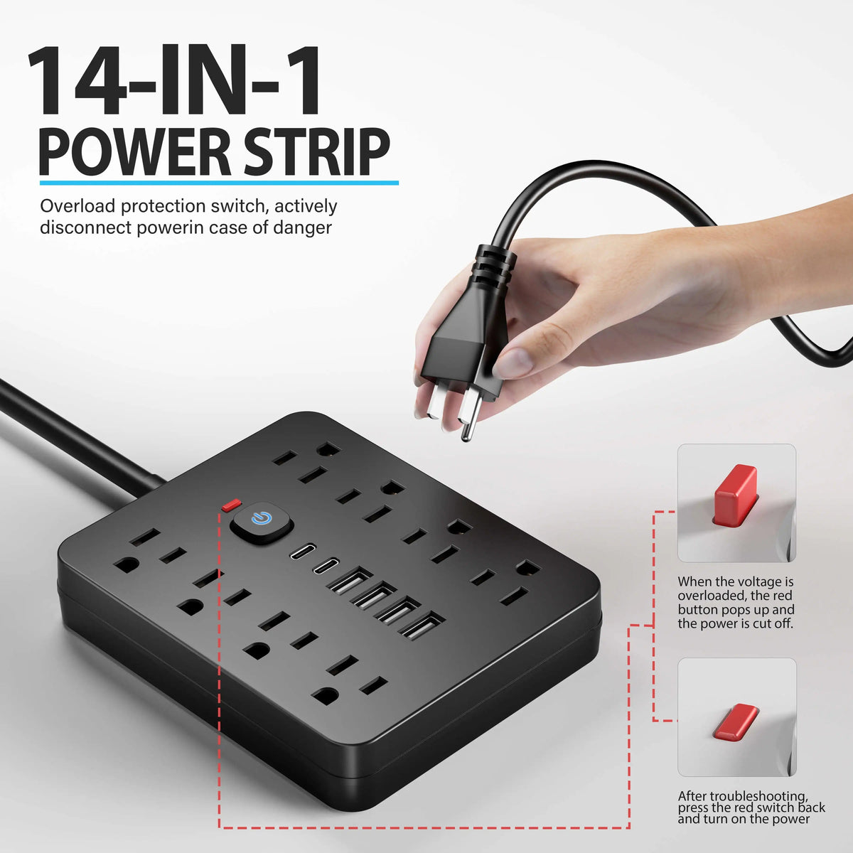 Steckdosenleiste mit Überspannungsschutz – 8 AC-Steckdosen & 4 USB-Anschlüsse