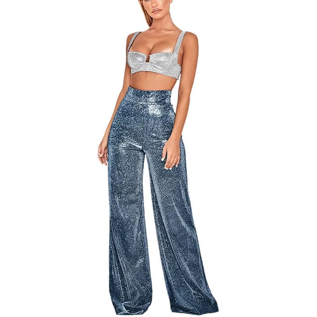 Stilvolle Damen-Glitzerhose mit hohem Bund und Paillettenakzenten