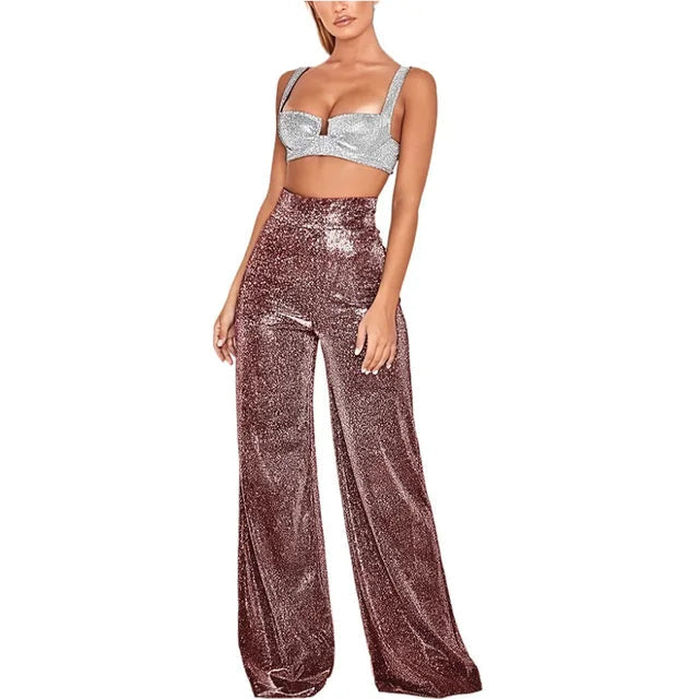 Stilvolle Damen-Glitzerhose mit hohem Bund und Paillettenakzenten