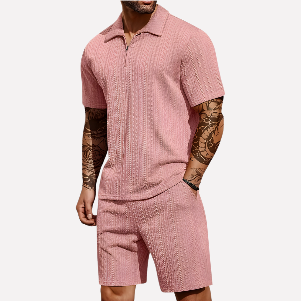 Strukturiertes Set aus Poloshirt mit Reißverschluss und Shorts