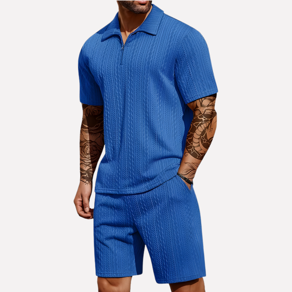 Strukturiertes Set aus Poloshirt mit Reißverschluss und Shorts