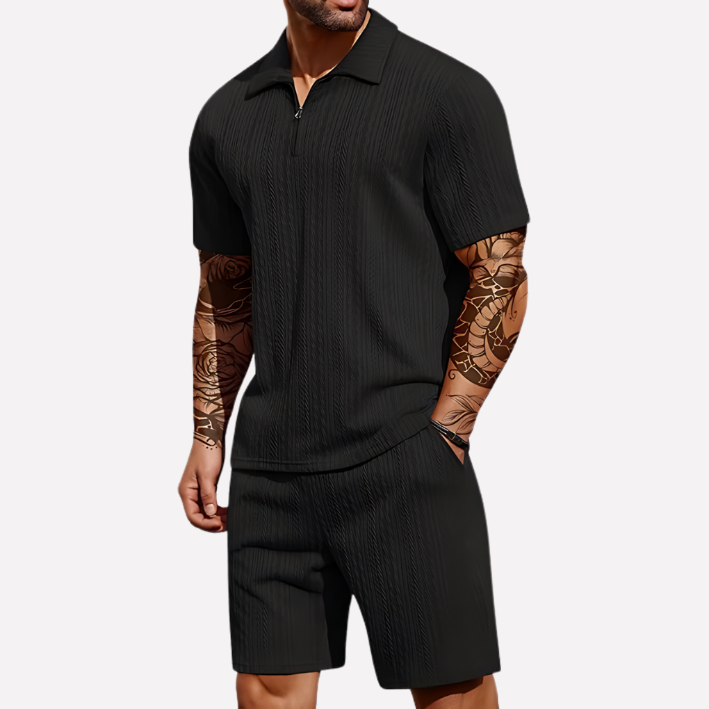 Strukturiertes Set aus Poloshirt mit Reißverschluss und Shorts