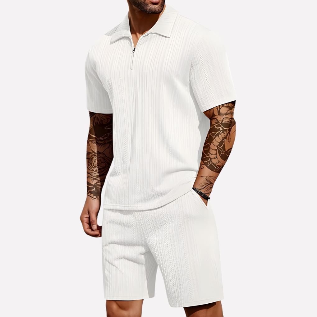 Strukturiertes Set aus Poloshirt mit Reißverschluss und Shorts