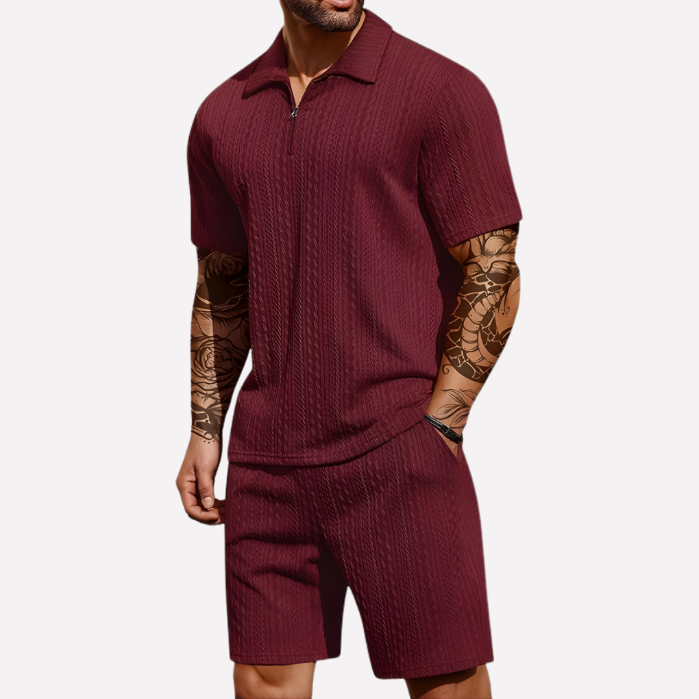 Strukturiertes Set aus Poloshirt mit Reißverschluss und Shorts