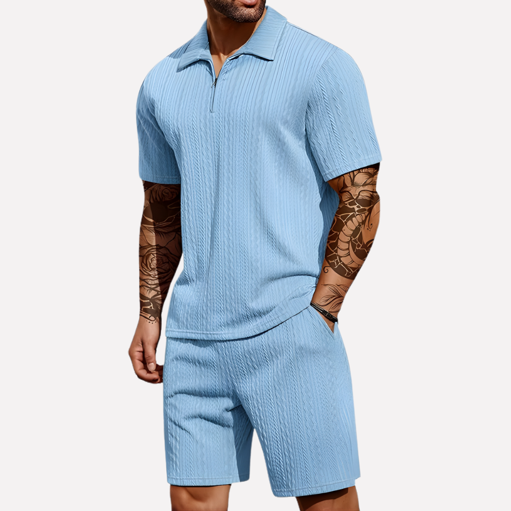 Strukturiertes Set aus Poloshirt mit Reißverschluss und Shorts