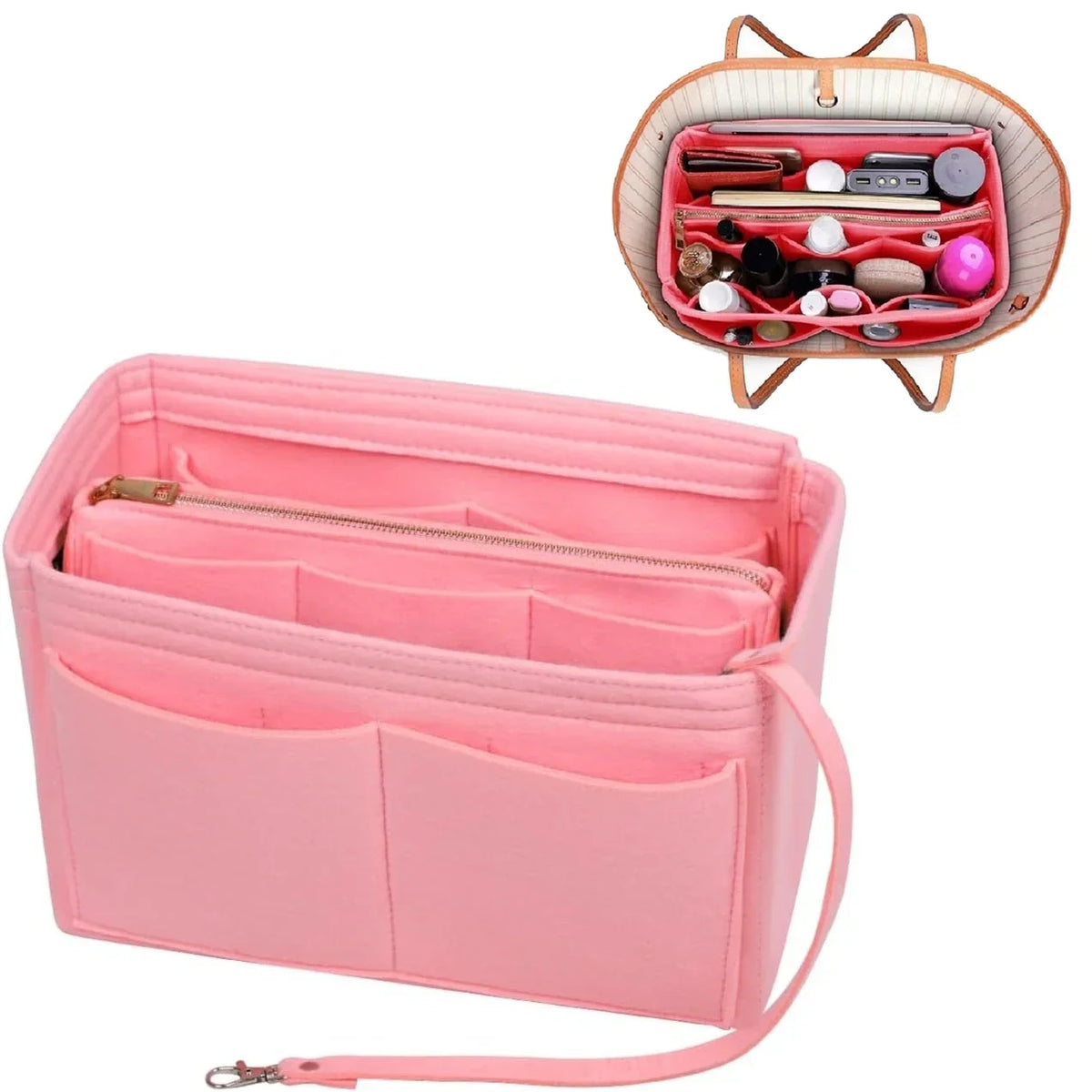 Taschenorganizer-Einsatz aus Filz mit Reißverschluss, 15 Fächern und Schlüsselband für Handtaschen und Shopper