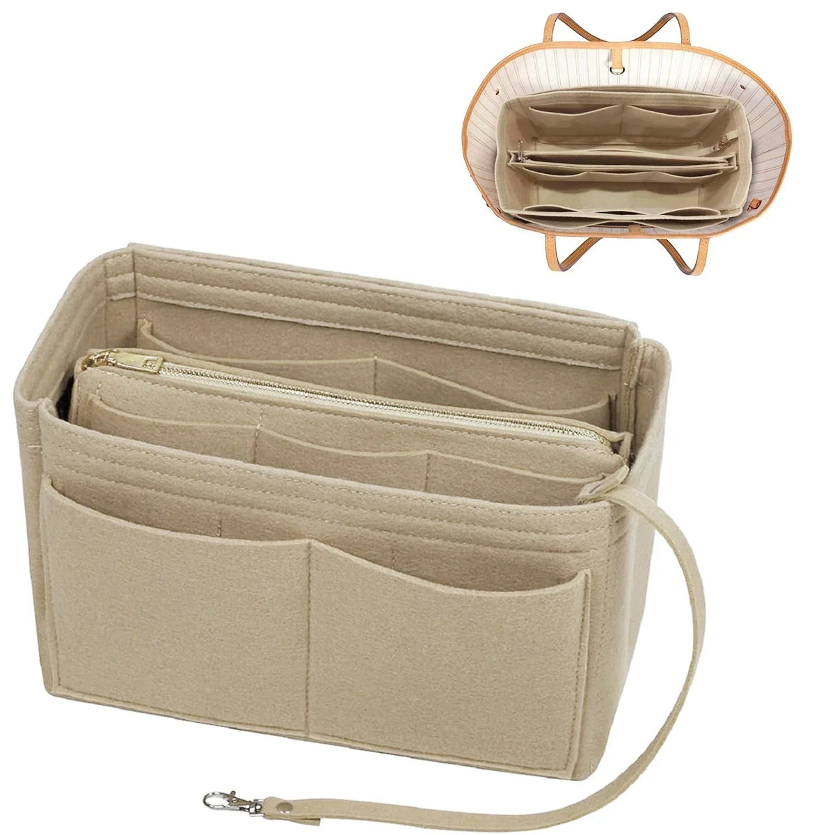Taschenorganizer-Einsatz aus Filz mit Reißverschluss, 15 Fächern und Schlüsselband für Handtaschen und Shopper
