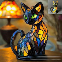 Tischlampe aus Buntglas in Katzenform mit LED-Beleuchtung
