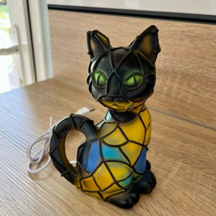 Tischlampe aus Buntglas in Katzenform mit LED-Beleuchtung