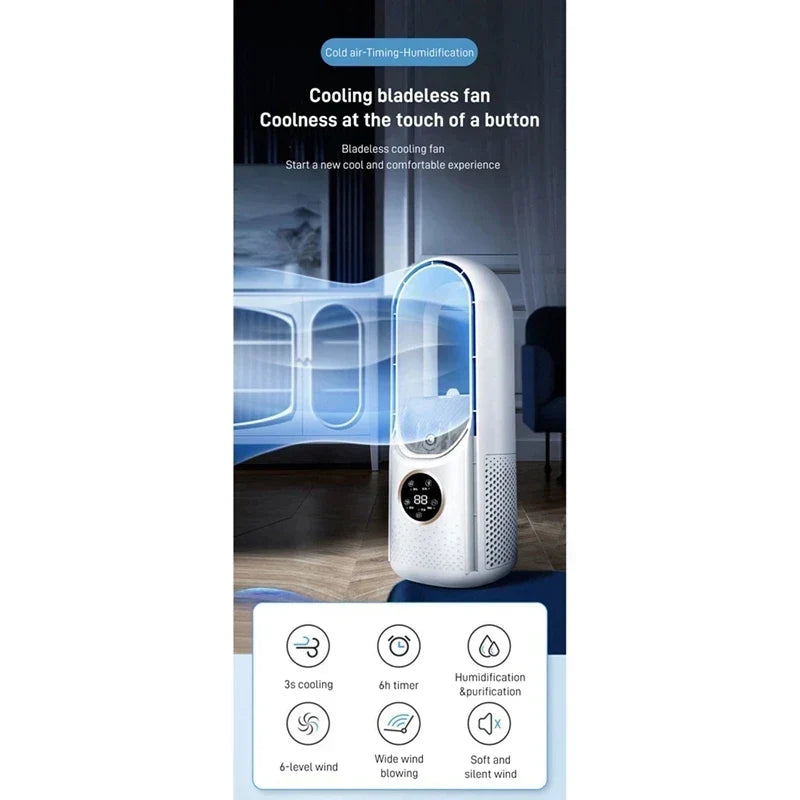 Tragbarer flügelloser USB-Luftkühler – Leiser elektrischer Ventilator mit 6 Geschwindigkeitsstufen, Timer & Luftbefeuchter