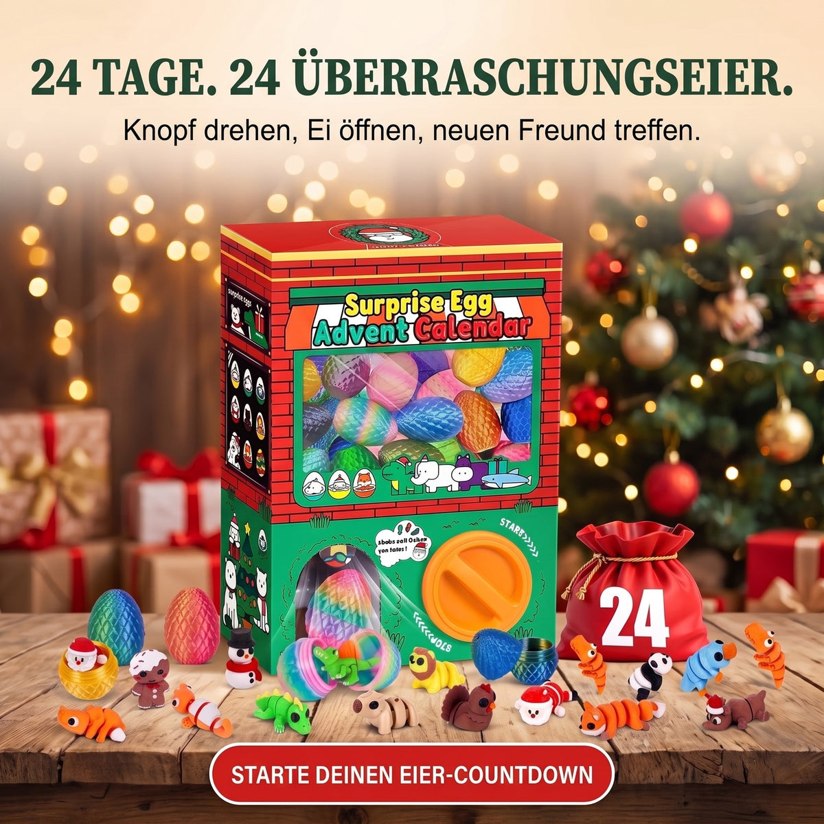 Überraschungsei-Adventskalender, 24 Eier mit beweglichen 3D-gedruckten Figuren