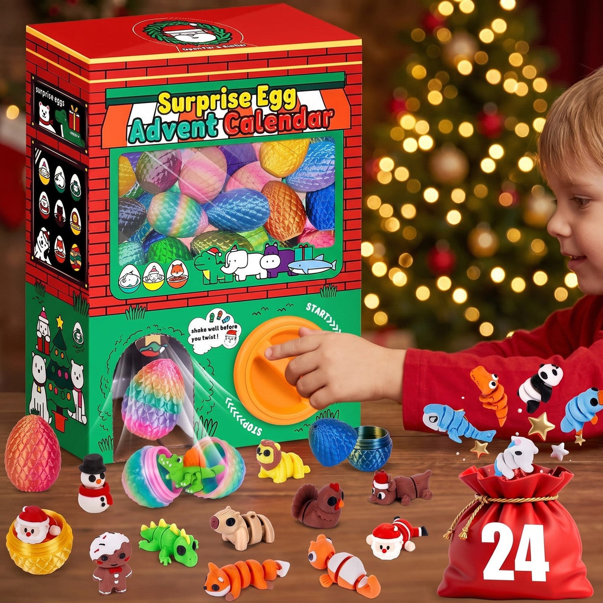 Überraschungsei-Adventskalender, 24 Eier mit beweglichen 3D-gedruckten Figuren