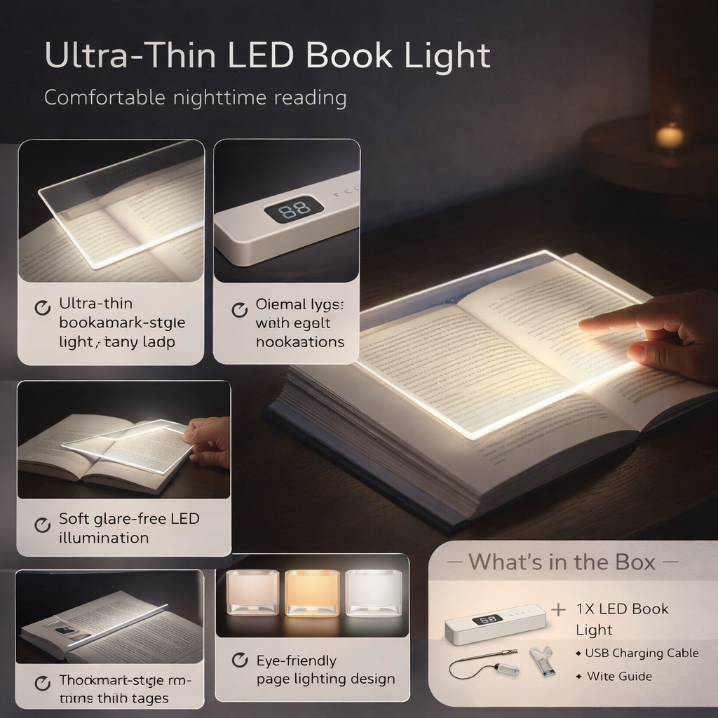 Ultradünne LED-Buchleseleuchte, USB-aufladbar