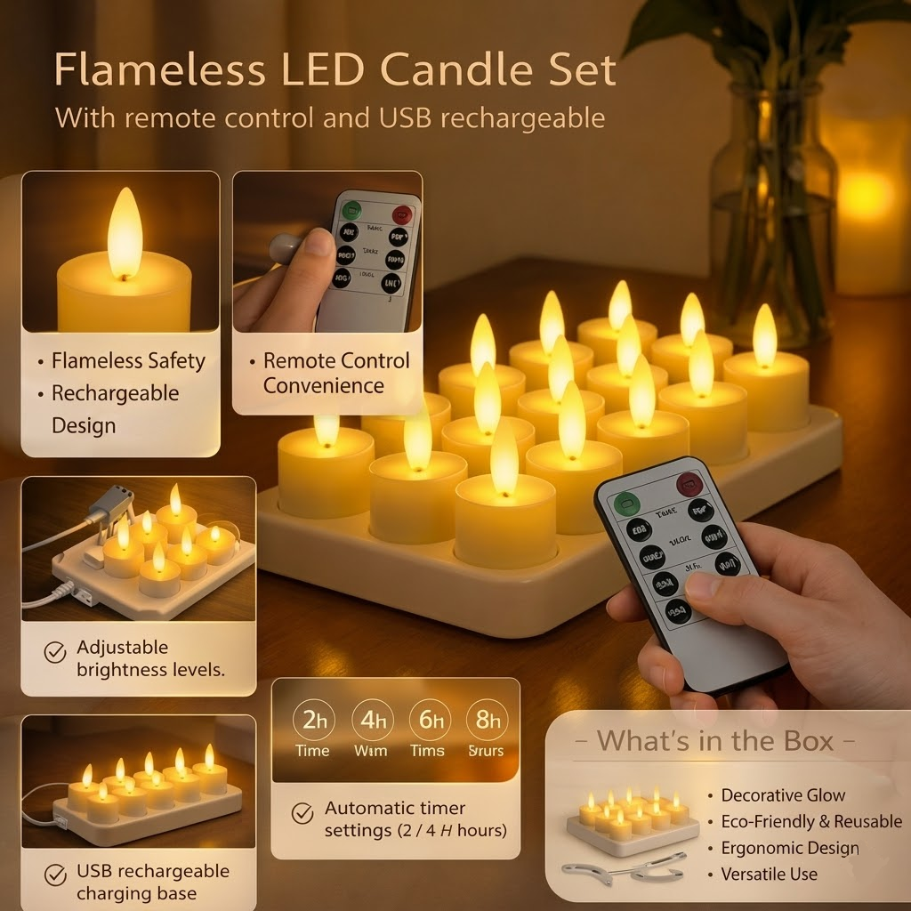 USB-wiederaufladbares LED-Kerzen-Set ohne Flamme mit Fernbedienung und Timer