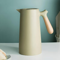 Vakuum-Isolierkanne (1 Liter) mit Holzgriff, doppelwandig und mit Druckknopf