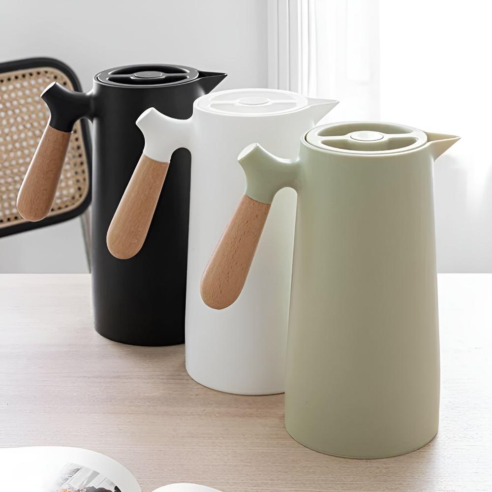 Vakuum-Isolierkanne (1 Liter) mit Holzgriff, doppelwandig und mit Druckknopf
