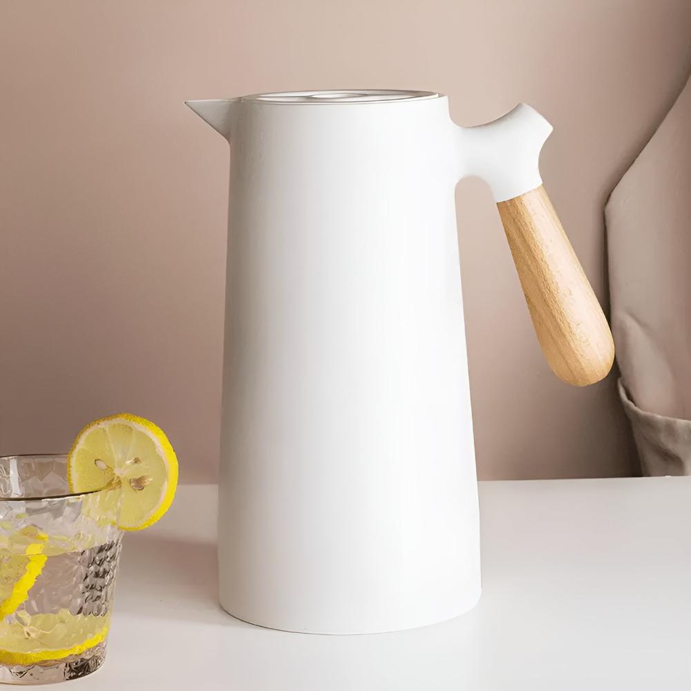 Vakuum-Isolierkanne (1 Liter) mit Holzgriff, doppelwandig und mit Druckknopf