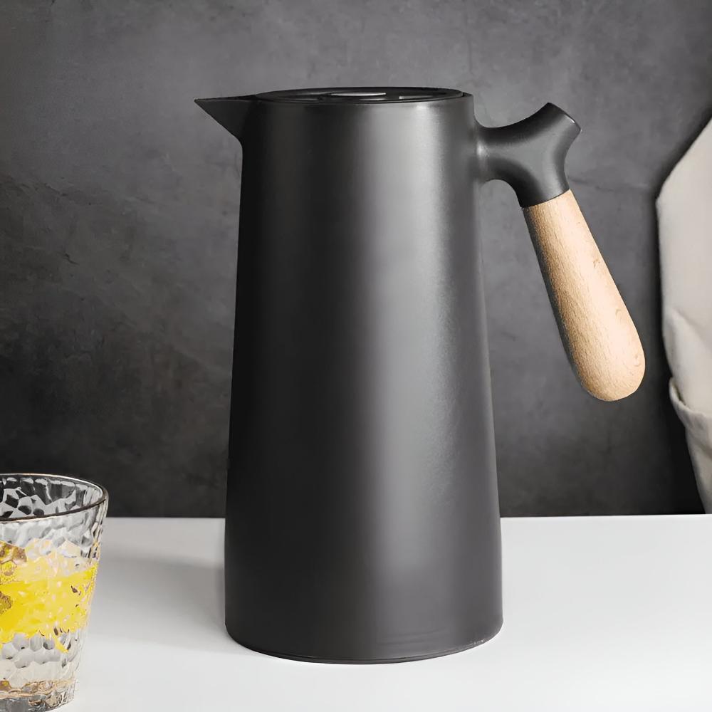 Vakuum-Isolierkanne (1 Liter) mit Holzgriff, doppelwandig und mit Druckknopf