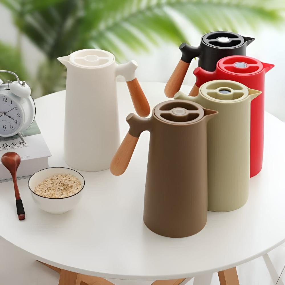 Vakuum-Isolierkanne (1 Liter) mit Holzgriff, doppelwandig und mit Druckknopf