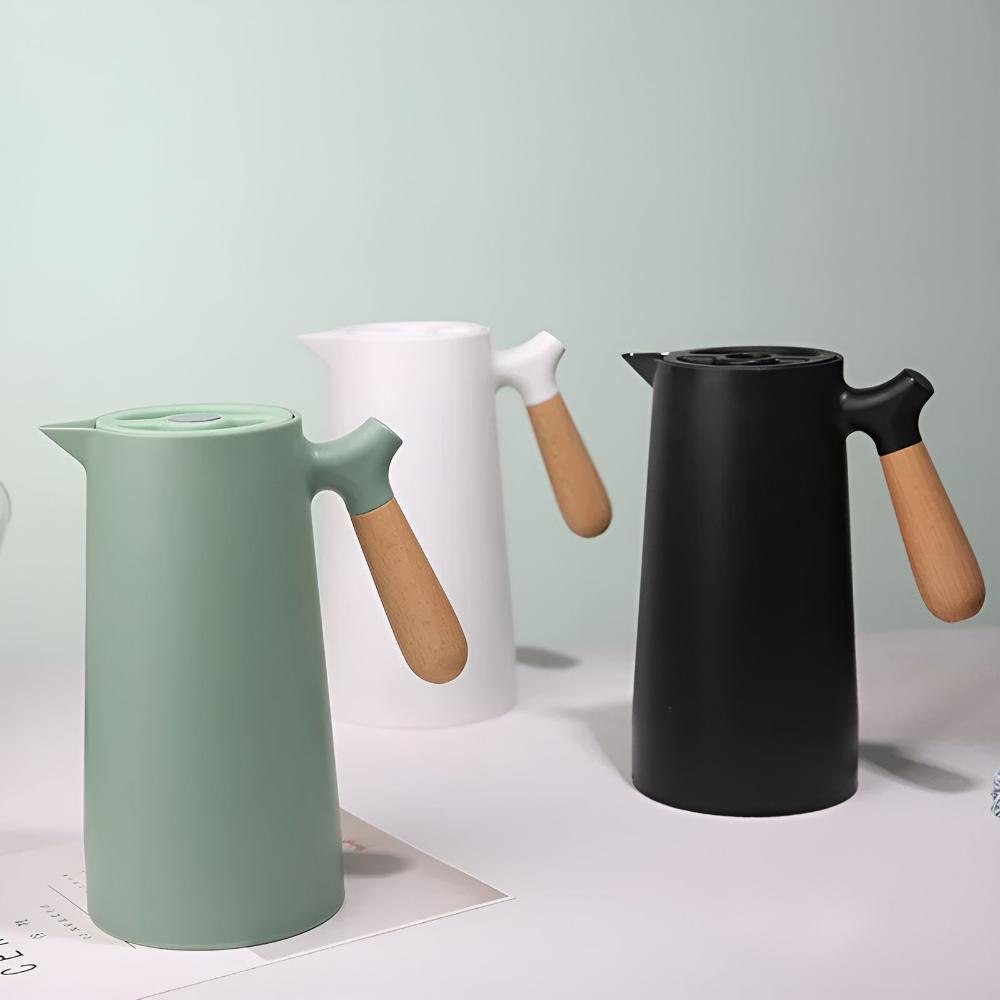 Vakuum-Isolierkanne (1 Liter) mit Holzgriff, doppelwandig und mit Druckknopf