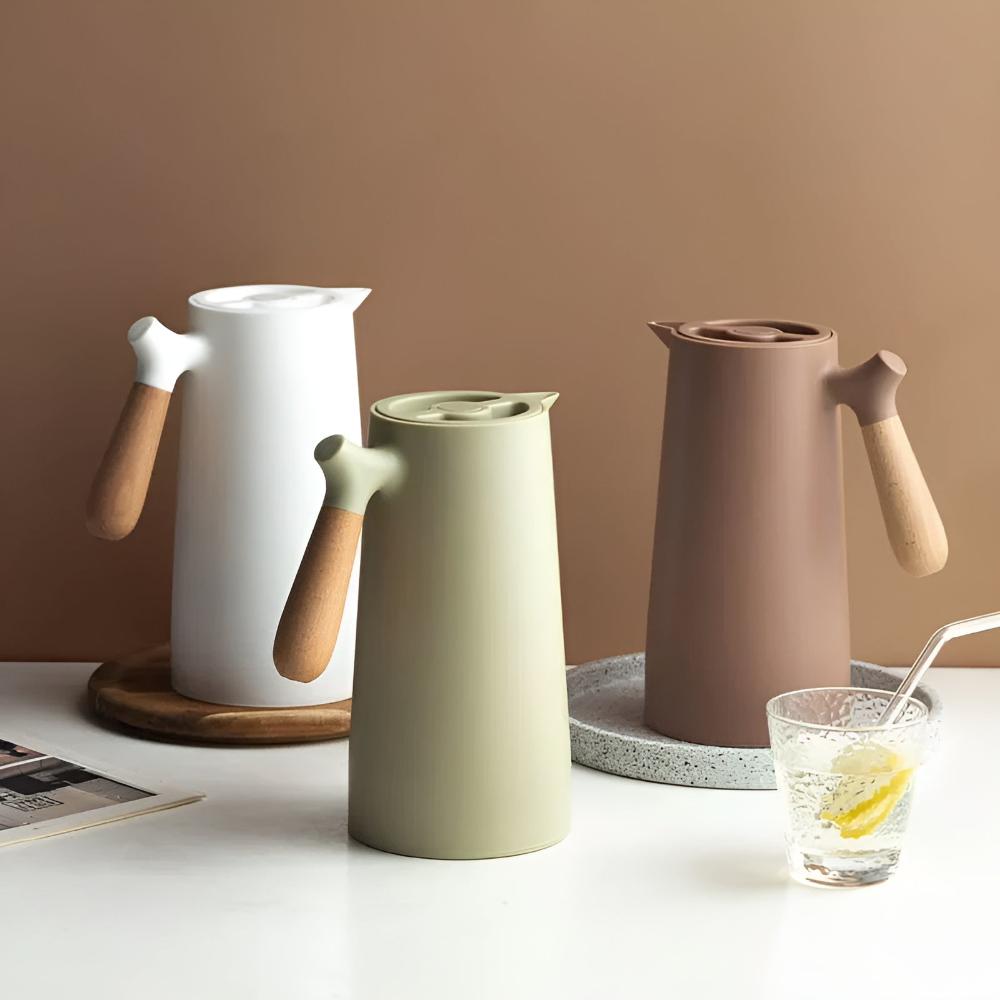 Vakuum-Isolierkanne (1 Liter) mit Holzgriff, doppelwandig und mit Druckknopf