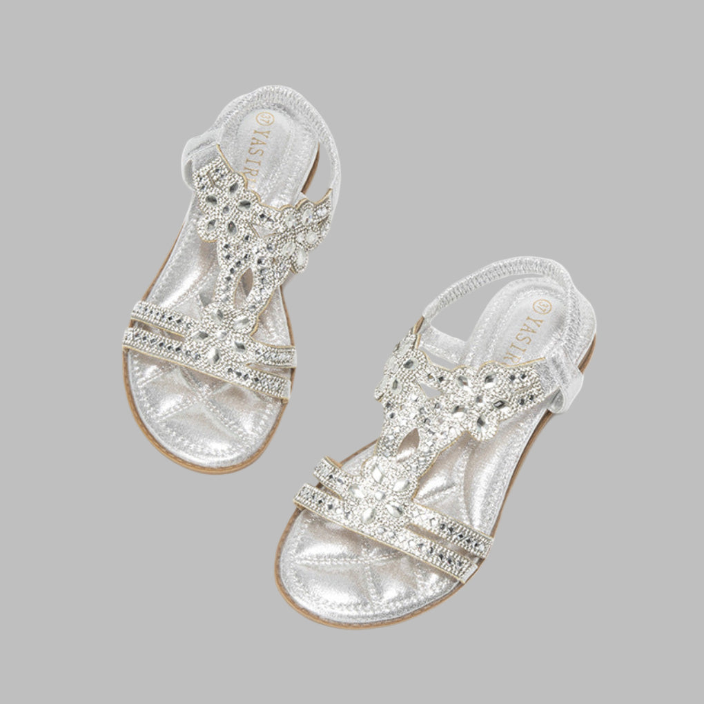 Verzierte flache T-Riemen-Sandalen für Damen