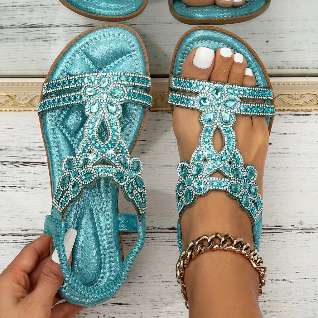 Verzierte flache T-Riemen-Sandalen für Damen
