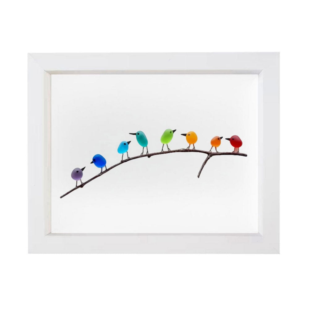 Wandbild im Bilderrahmen mit Meerglas, Vogel und Treibholz, maritime Dekoration