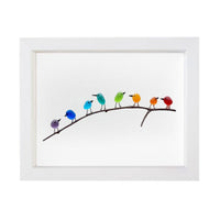 Wandbild im Bilderrahmen mit Meerglas, Vogel und Treibholz, maritime Dekoration
