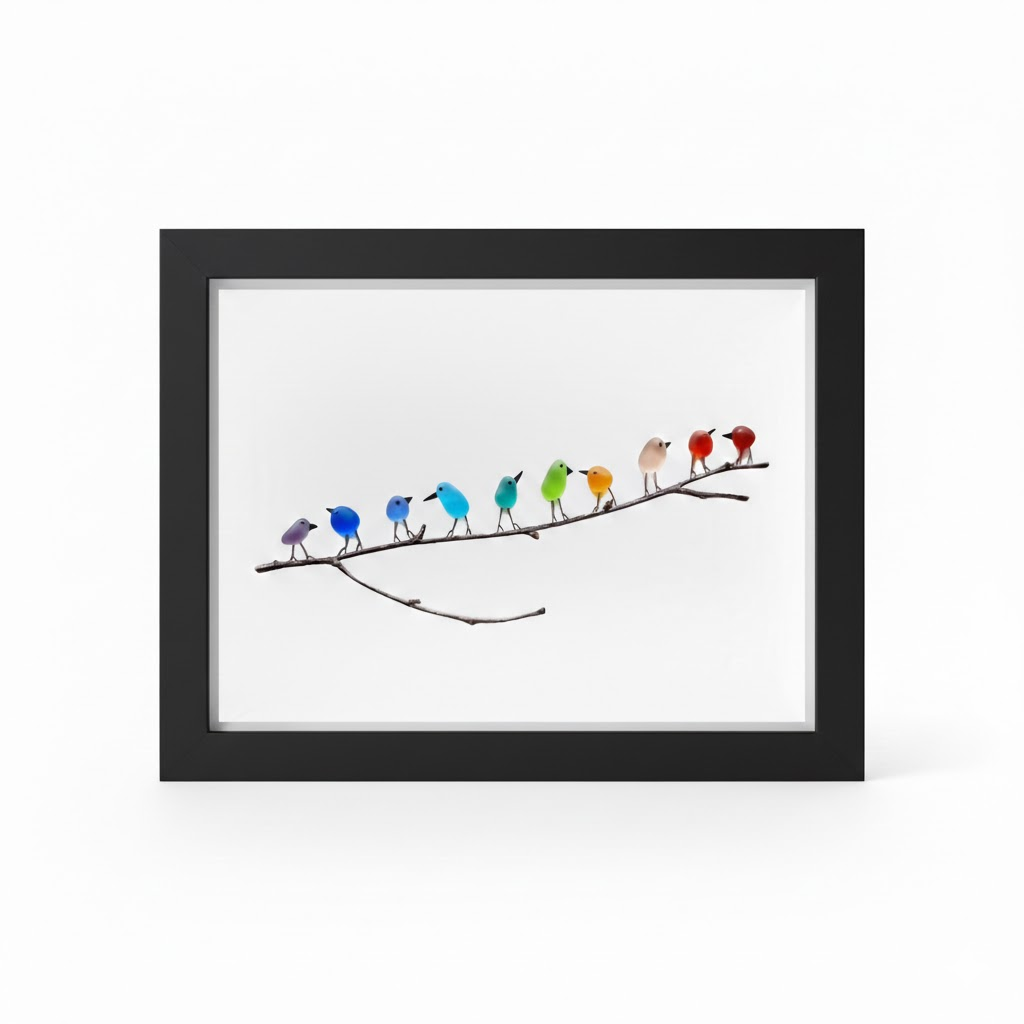 Wandbild im Bilderrahmen mit Meerglas, Vogel und Treibholz, maritime Dekoration