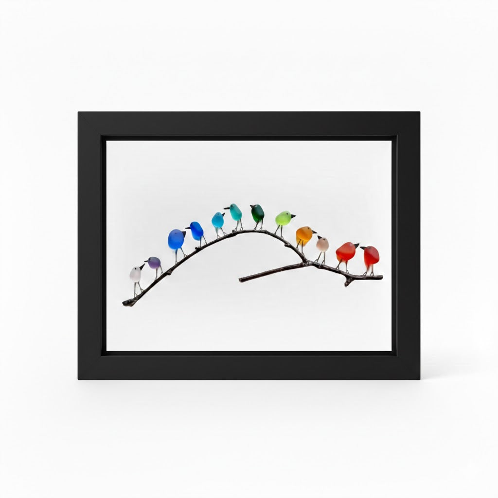 Wandbild im Bilderrahmen mit Meerglas, Vogel und Treibholz, maritime Dekoration
