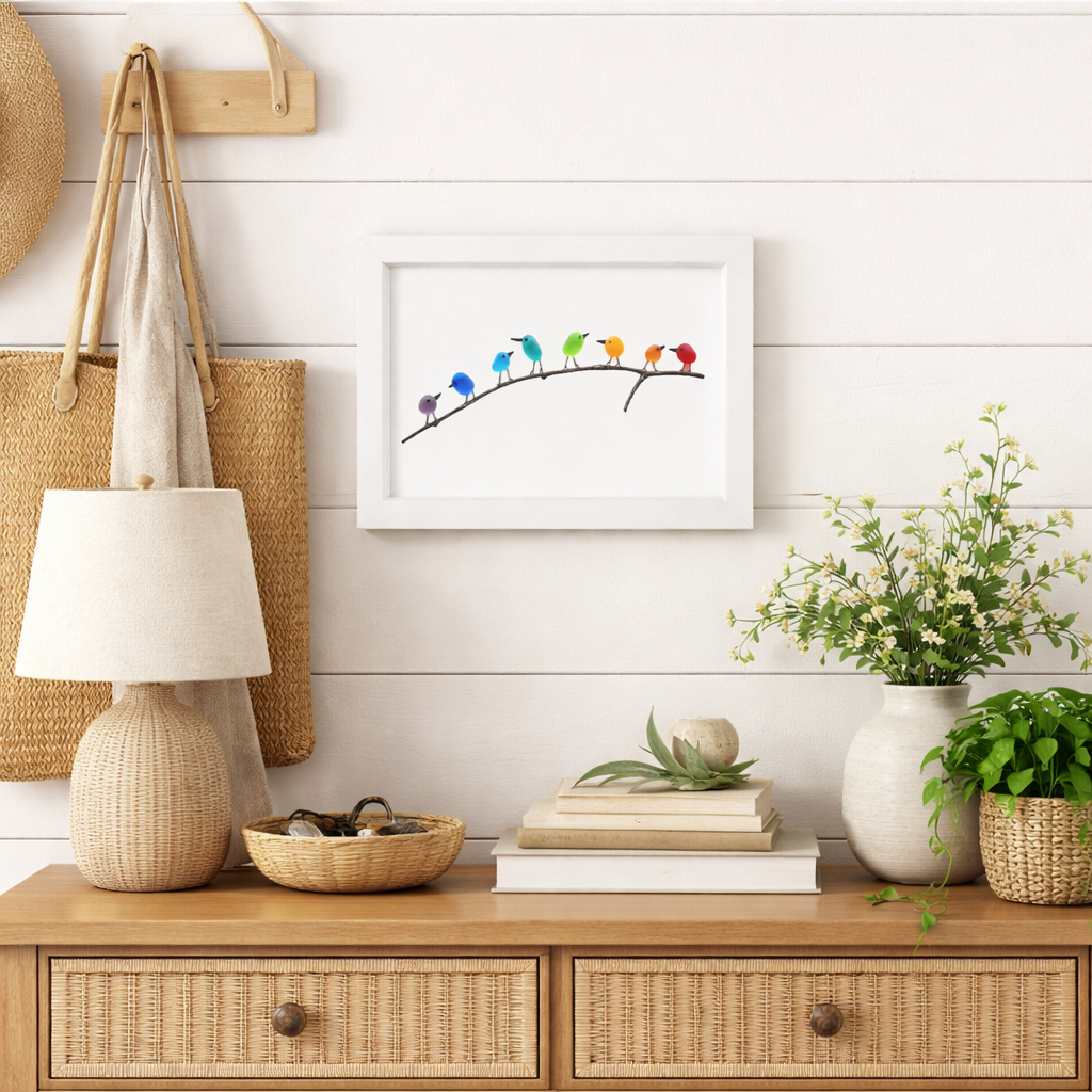 Wandbild im Bilderrahmen mit Meerglas, Vogel und Treibholz, maritime Dekoration
