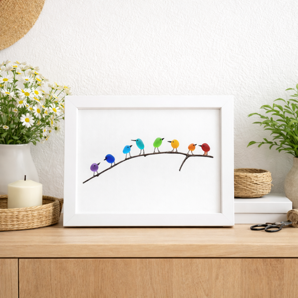 Wandbild im Bilderrahmen mit Meerglas, Vogel und Treibholz, maritime Dekoration