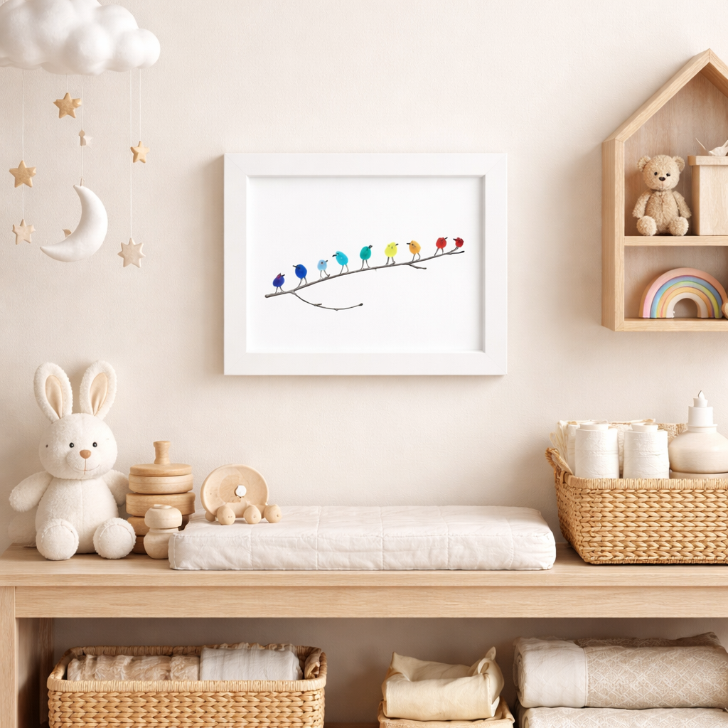 Wandbild im Bilderrahmen mit Meerglas, Vogel und Treibholz, maritime Dekoration