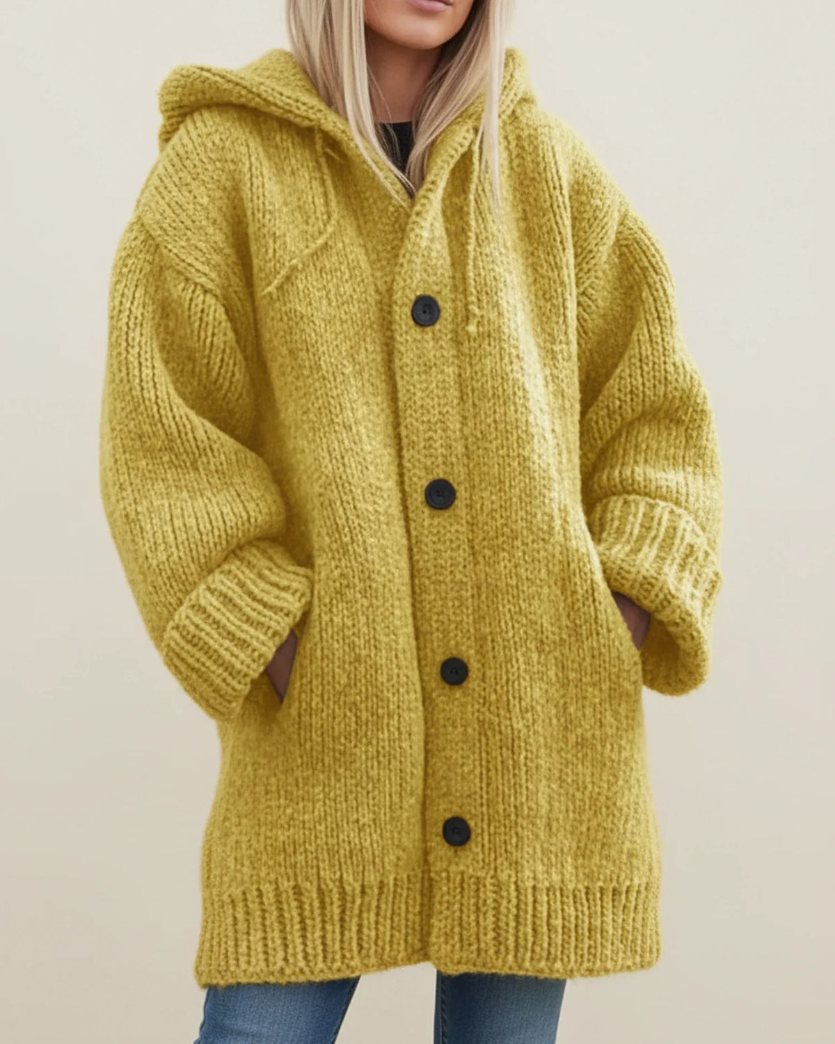 Warme Damen-Strickjacke mit Kapuze für den Winter
