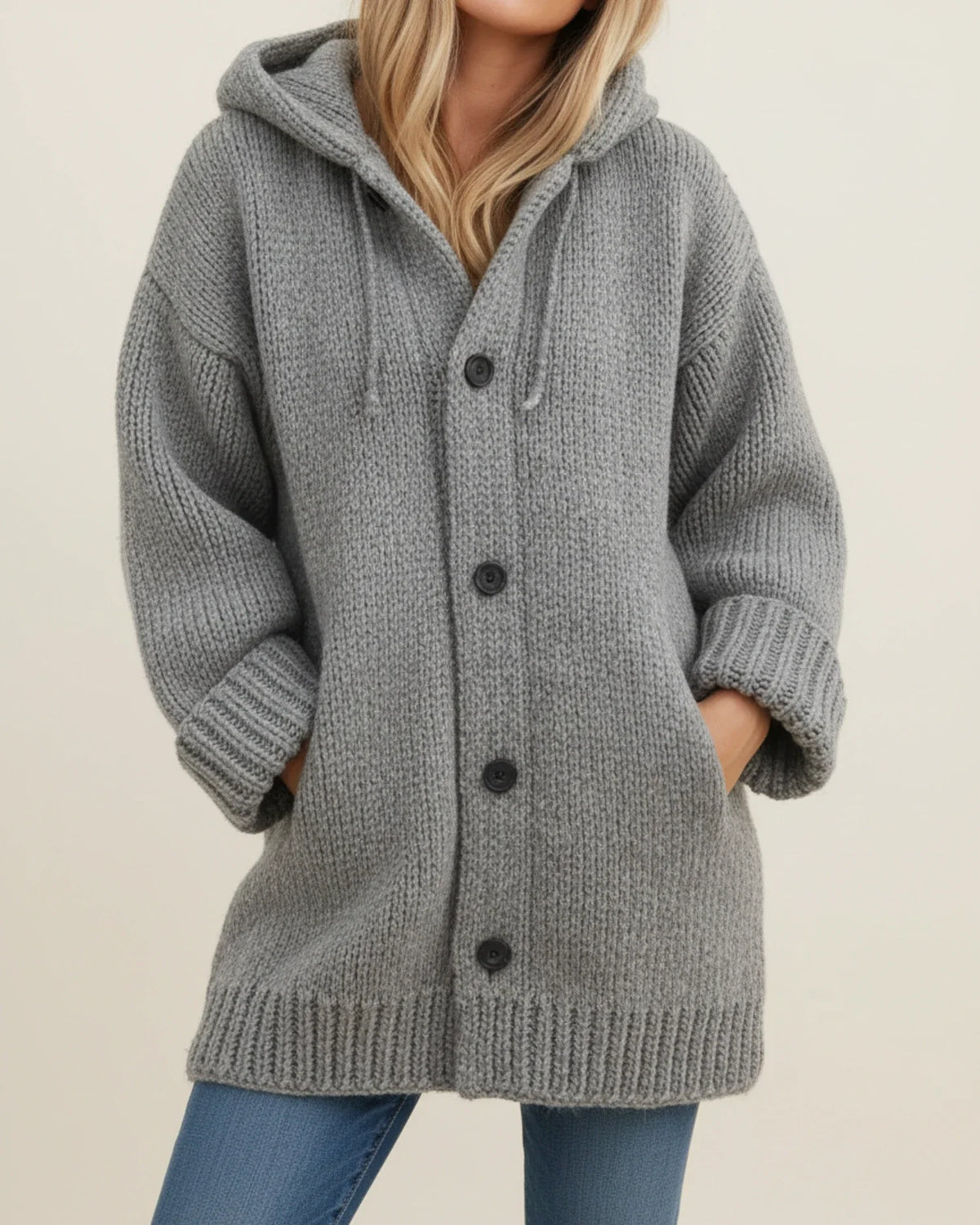 Warme Damen-Strickjacke mit Kapuze für den Winter