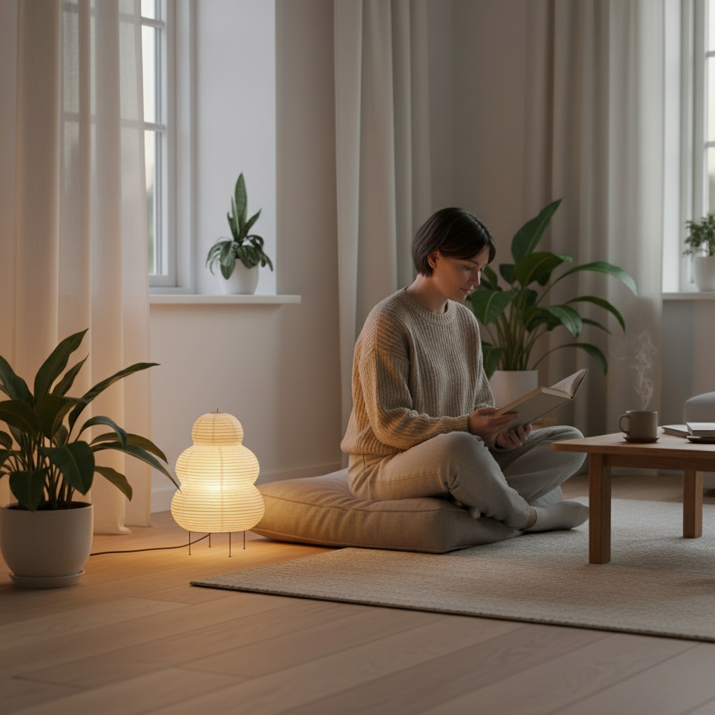 Washi-Stehlampe – Japanische Reispapier-Stehlampe im sphärischen Design mit weichem, warmem Licht