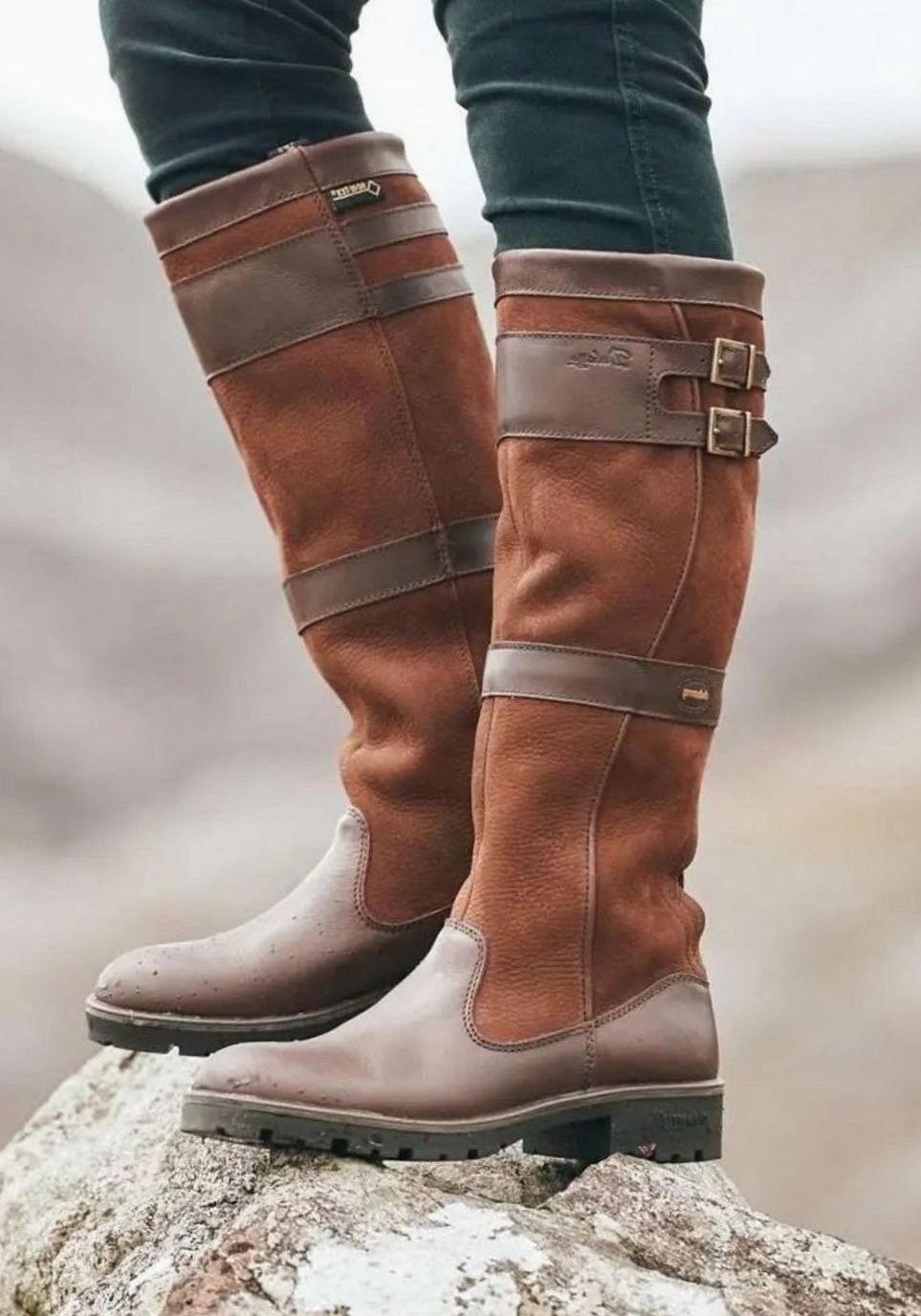 Wasserdichte kniehohe Damen-Schlupfstiefel mit Doppel-Schnalle