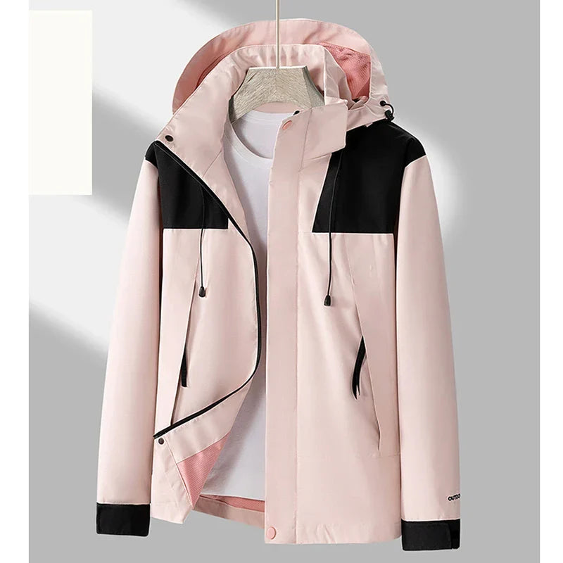 Wasserdichte und winddichte Unisex-Hardshelljacke mit abnehmbarer Kapuze