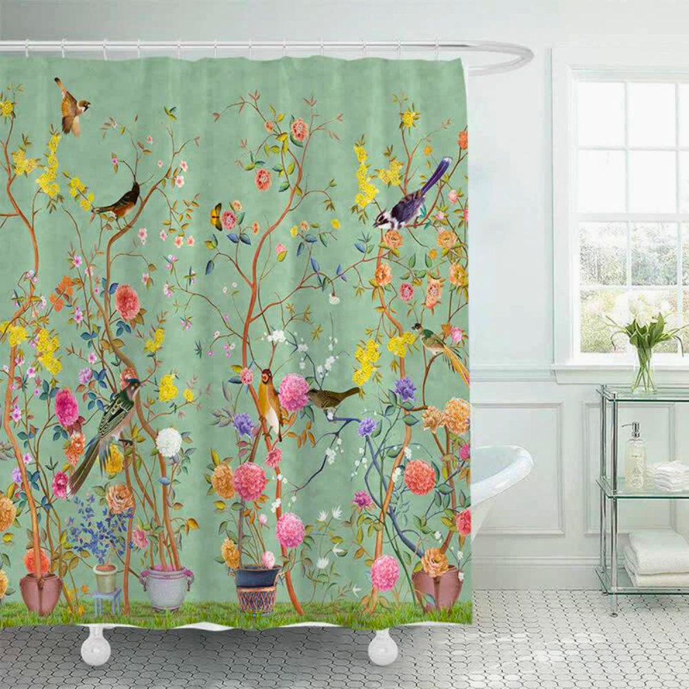 Wasserdichter Duschvorhang fürs Badezimmer mit Blumen- und Vogel-Print